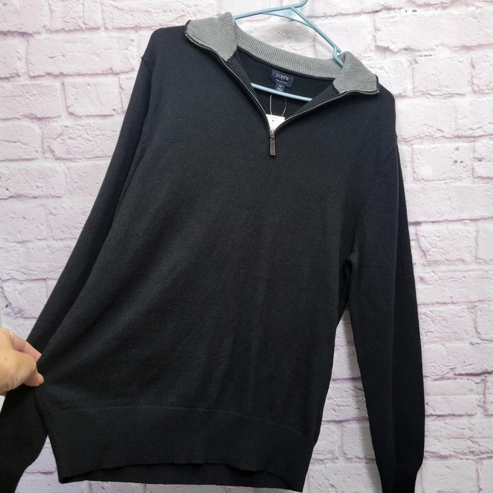 NEW J Crew Black Pullover Sweater Mens M 1/4‎ Zip 100% Cotton Knit Stretch Comfy